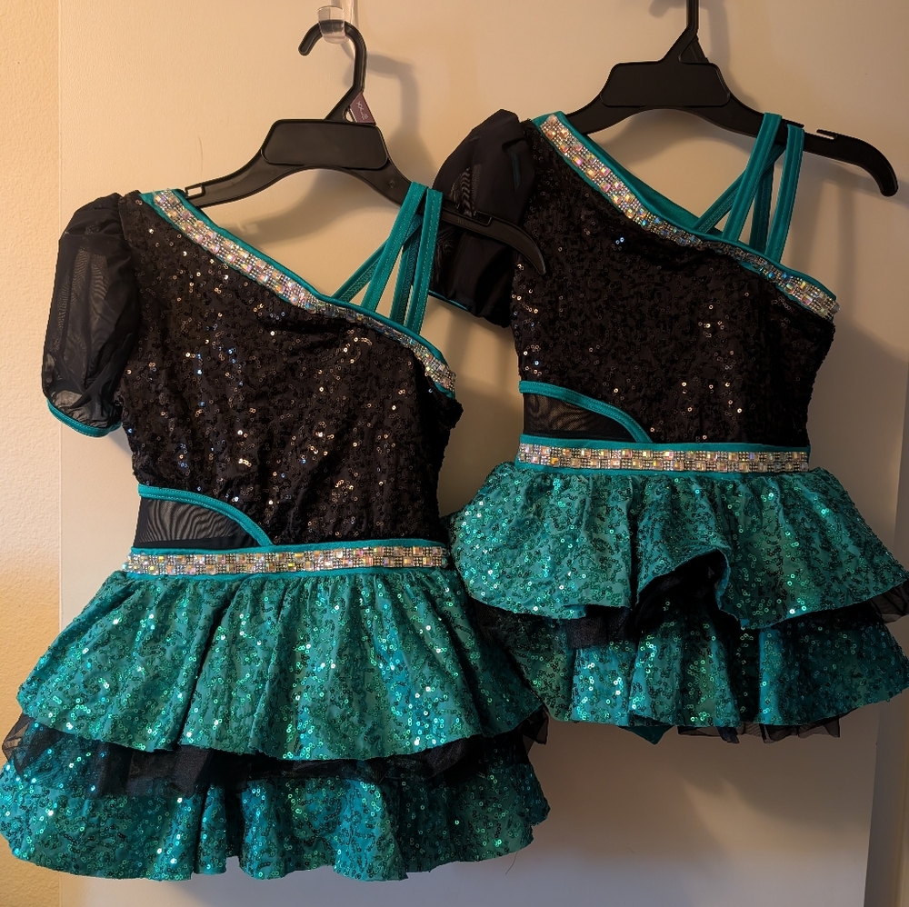 Girls Teal and Black Sequin Dance Costumes with Layered Skirt Weissman SC IC
